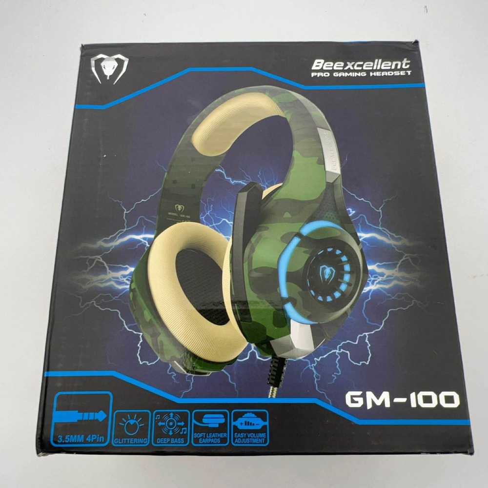 Beexcellent GM-100 Pro Gaming Headset Green Camo Wired LED Mic PS4 Xbox PC‎ EUC